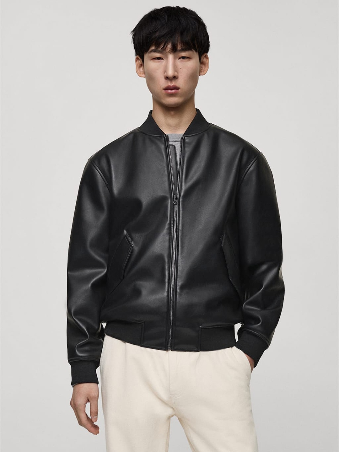 

MANGO MAN Faux Leather Bomber Jacket, Black