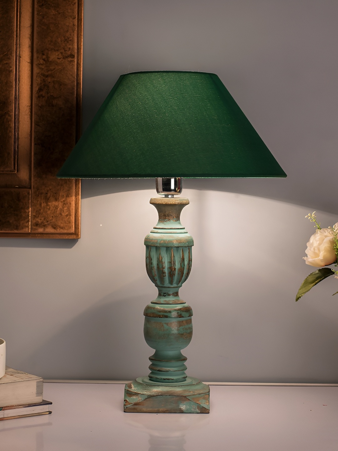 

Homesake Green and Brown Wooden Frustum Shaped Table Lamp
