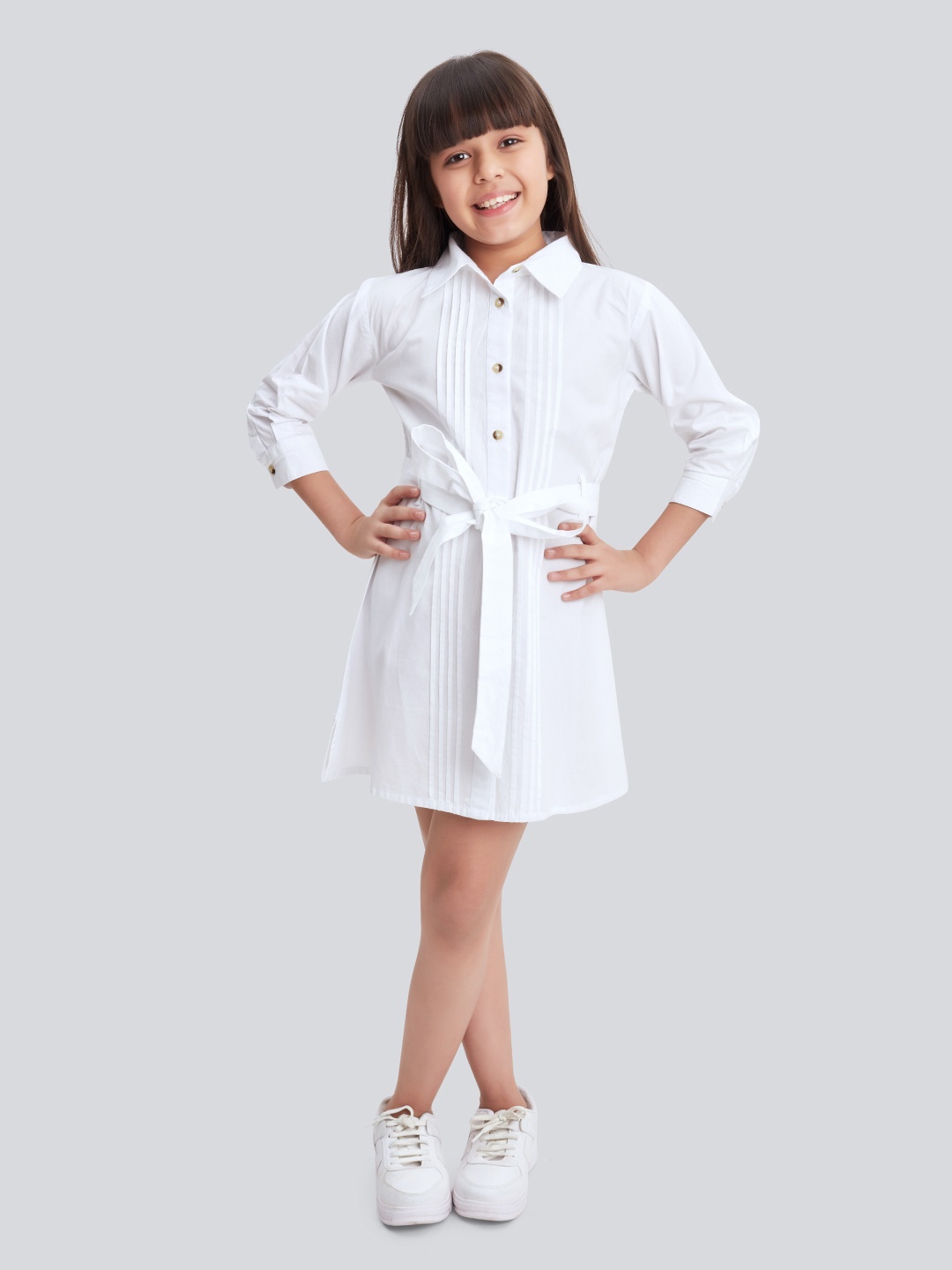 

Olele Girls Pure Cotton Pleated Shirt Dress, White