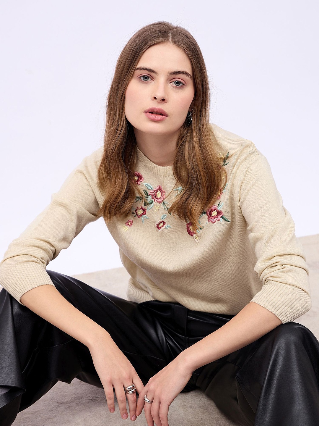 

Styli Women Floral Embroidered Pullover Sweater, Beige