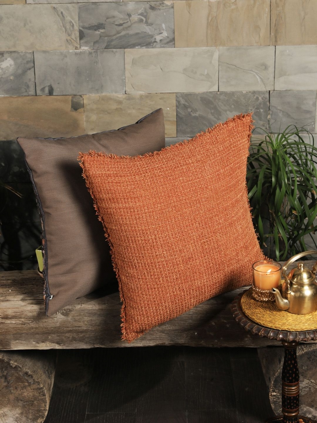 

ONSETHOMES Dastaan Orange Self Design Square Cushion Covers