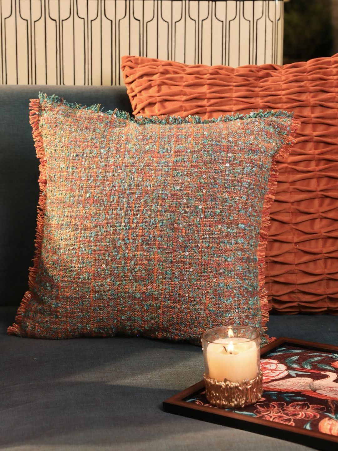 

ONSETHOMES Dastaan Rust, And Green Square Cotton Cushion Cover