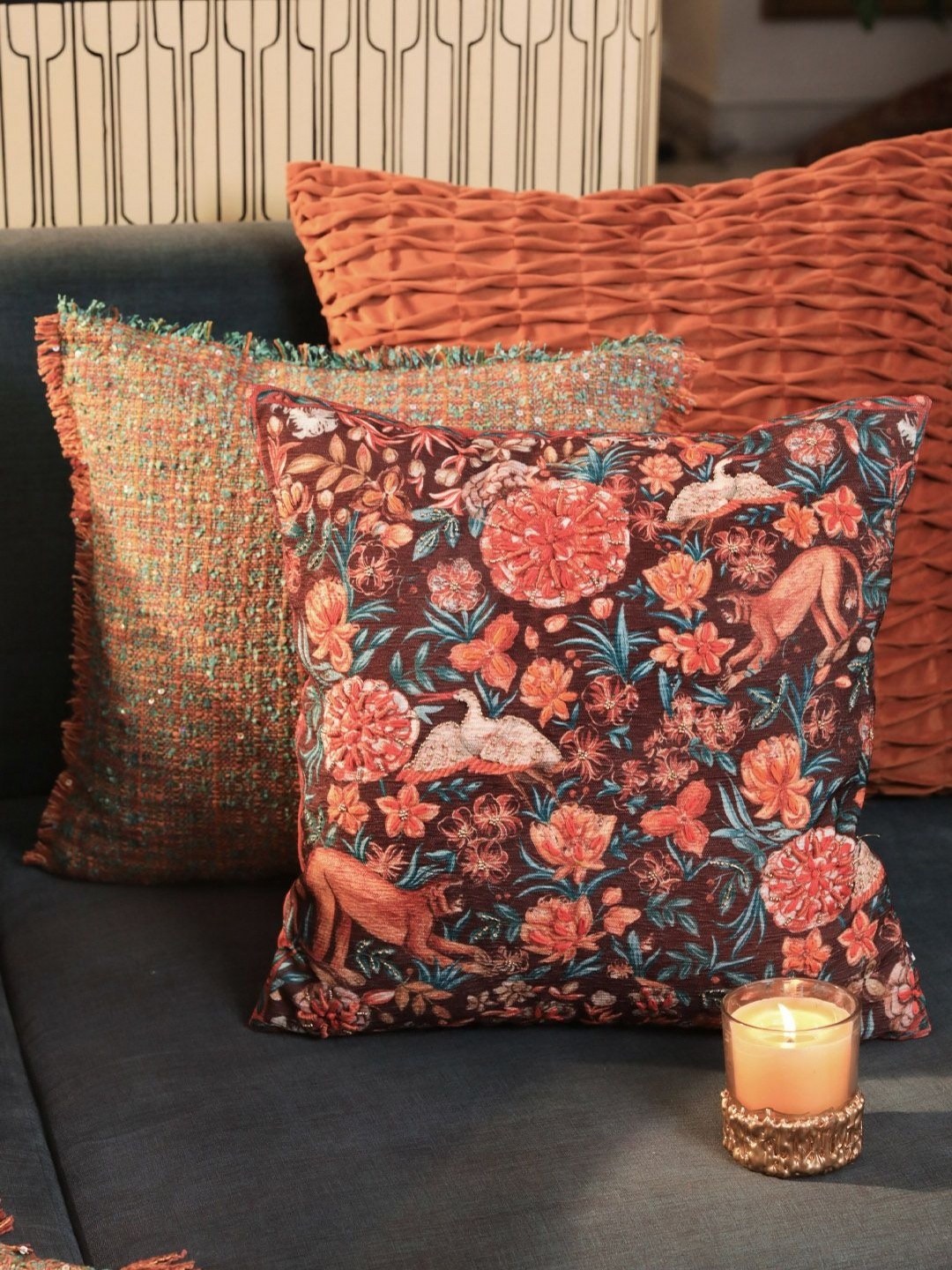 

ONSETHOMES Dastaan Rust & Pink Floral 100% Chenille Square Cushion Covers