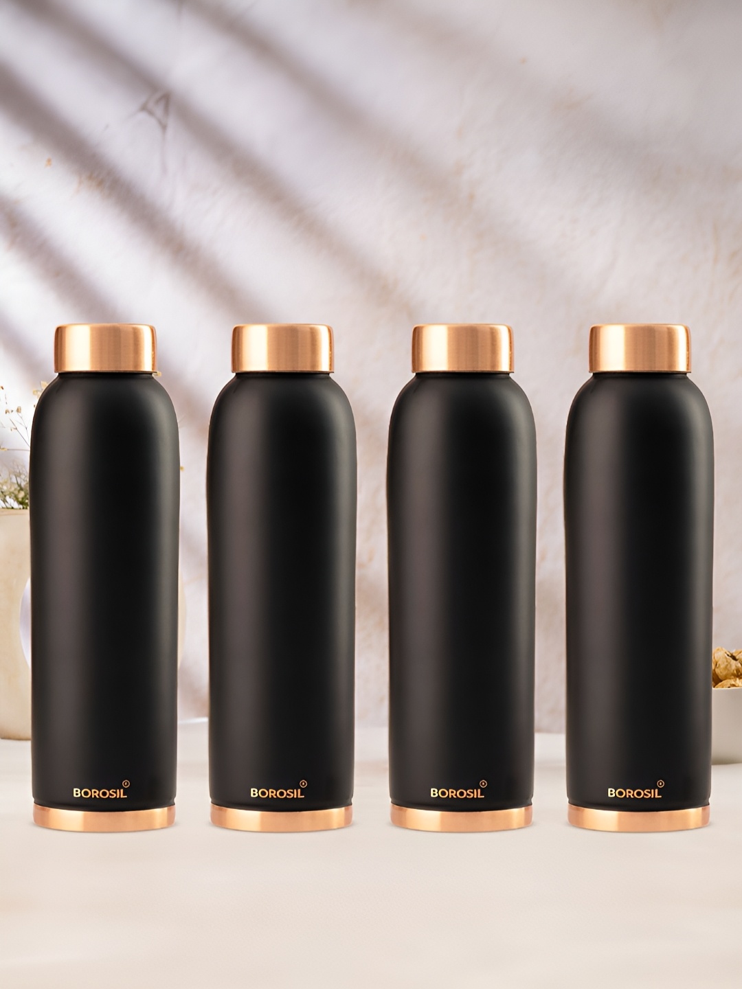 

BOROSIL Black & Gold-Toned 4 Pieces Copper Solid Water Bottle 1L Each