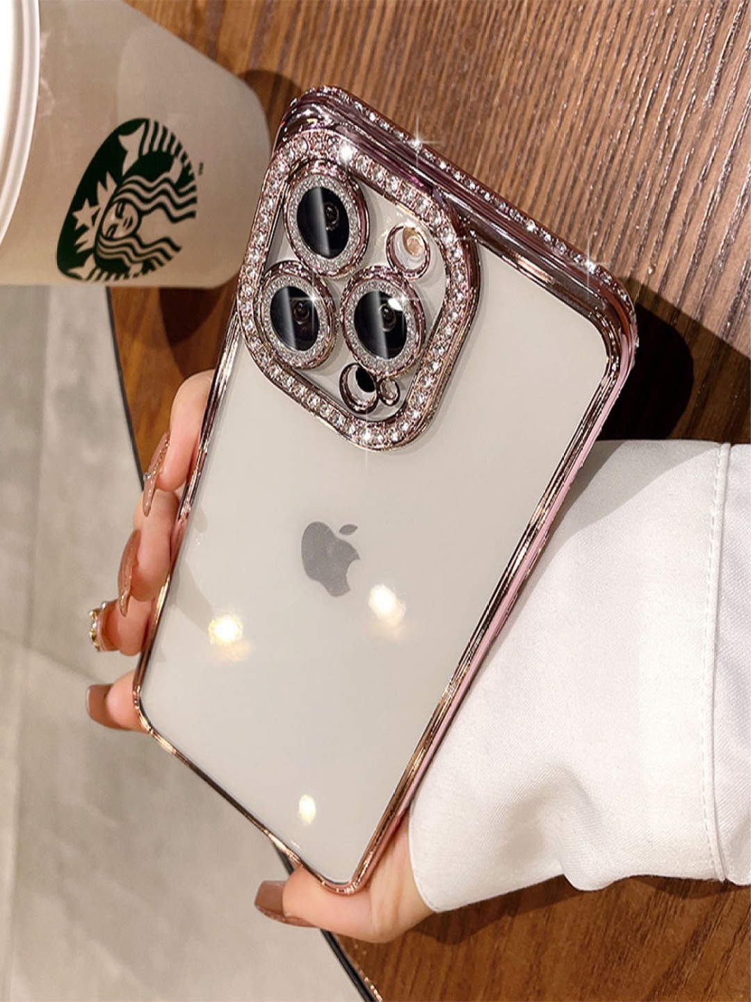 

Luxury Kase Solid Printed iPhone 13 Pro Plating Glitter Diamond Transparent Back Case, Rose gold