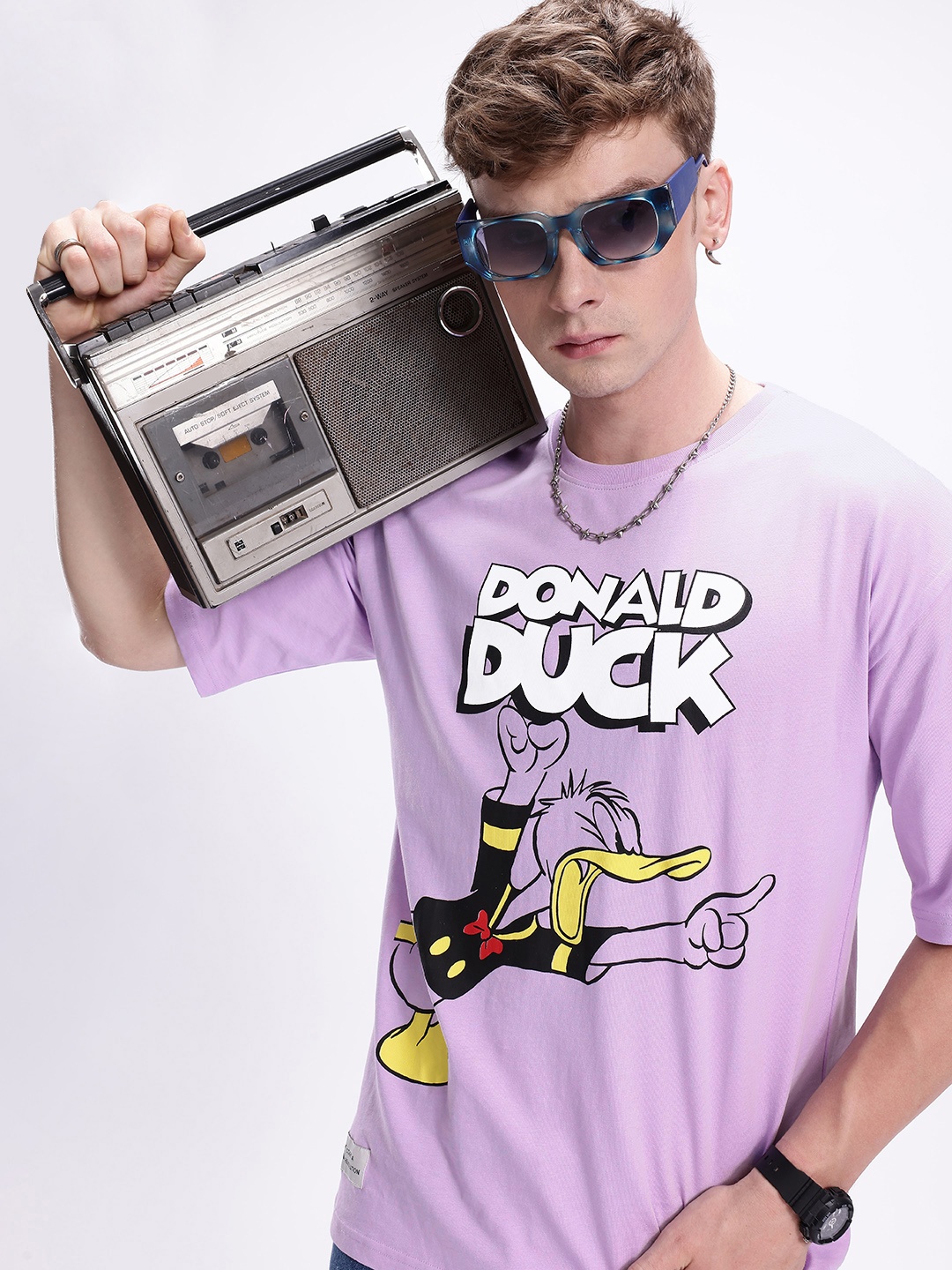 

Kook N Keech Men Donald Duck Printed Drop-Shoulder Sleeves Oversized Pure Cotton T-shirt, Lavender