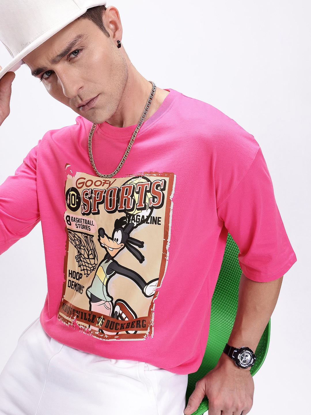 

Kook N Keech Men Goofy Printed Drop-Shoulder Sleeves Oversized Pure Cotton T-shirt, Pink