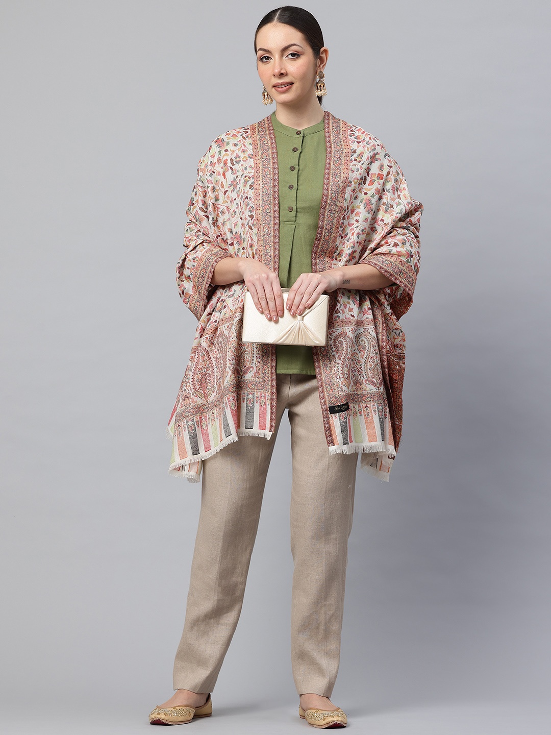 

SWI Stylish Women Floral Woven Design Kani Wool Shawl, White