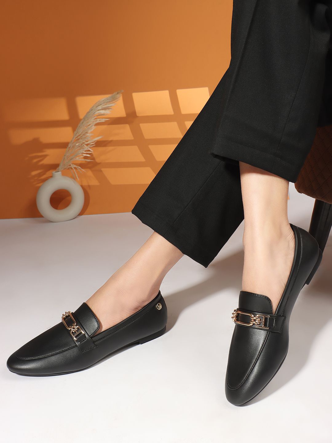 

ELLE Women Pointed Toe Slip-On Loafers With Buckles, Black