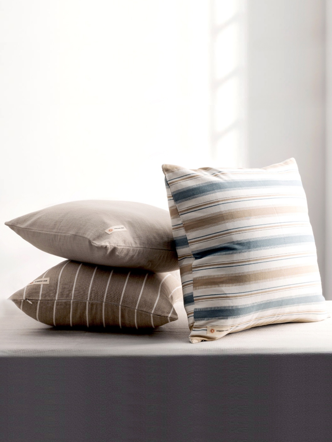 

Copper-Red Montauk Blue & Brown Strips Cotton Square Cushion Cover