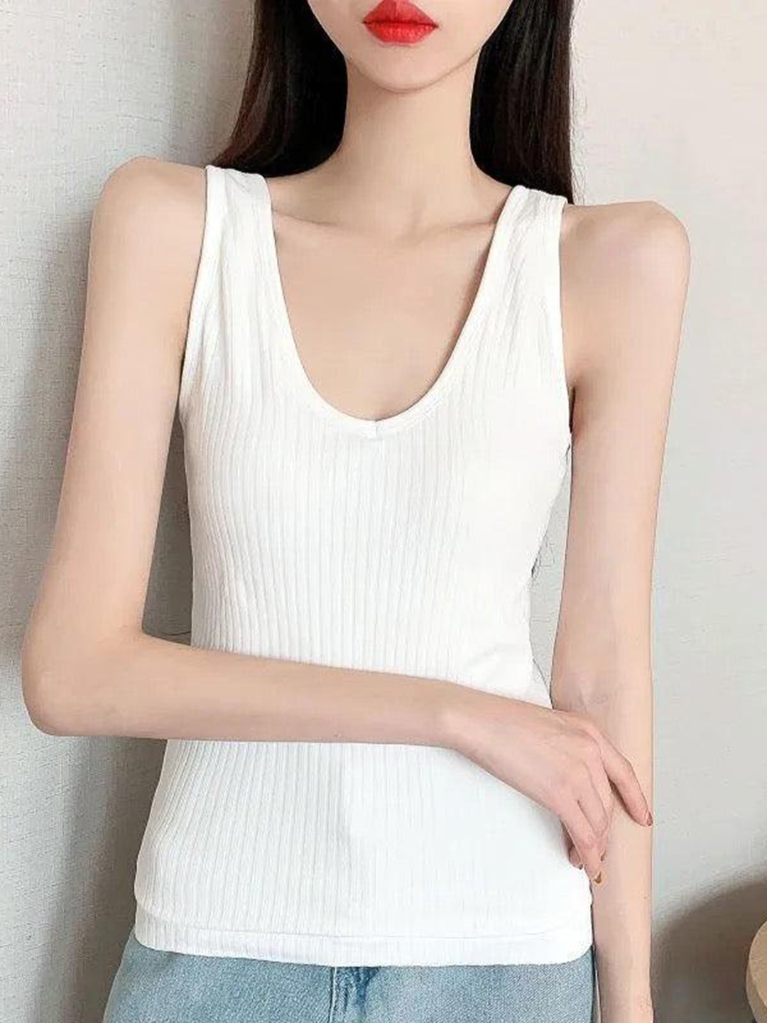 

Alamode By Akanksha White Fia Warm Tank Tops With Fleece Lining