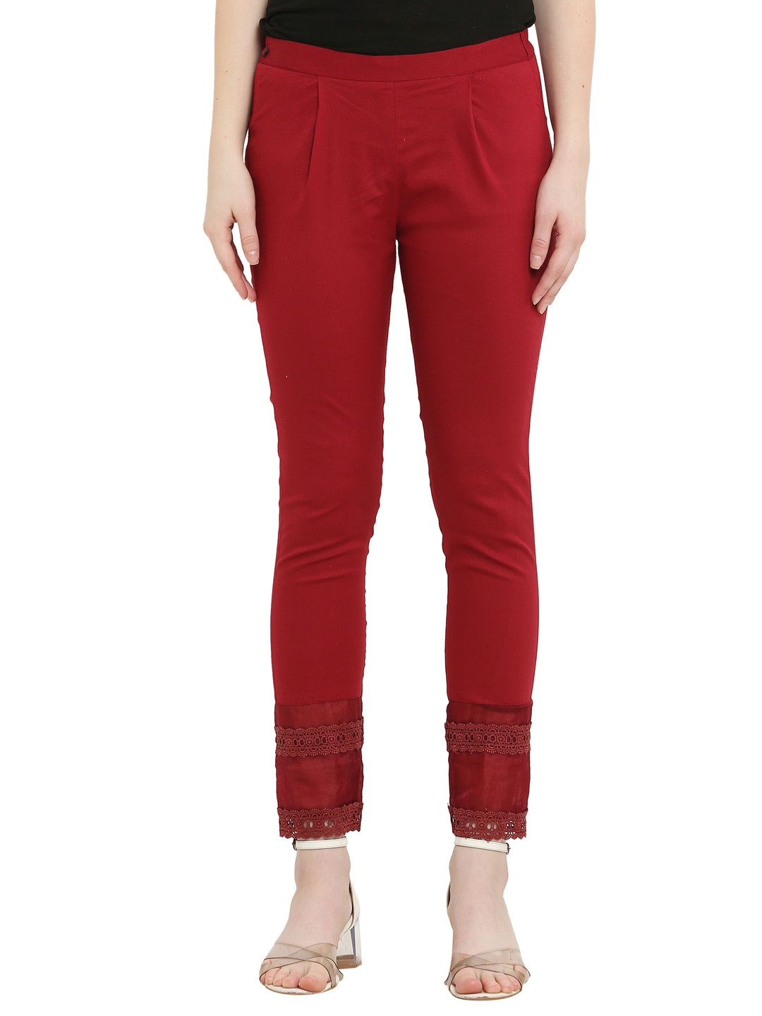 

Sellingsea Women Slim Fit Lace Work Cigarette Trousers, Maroon