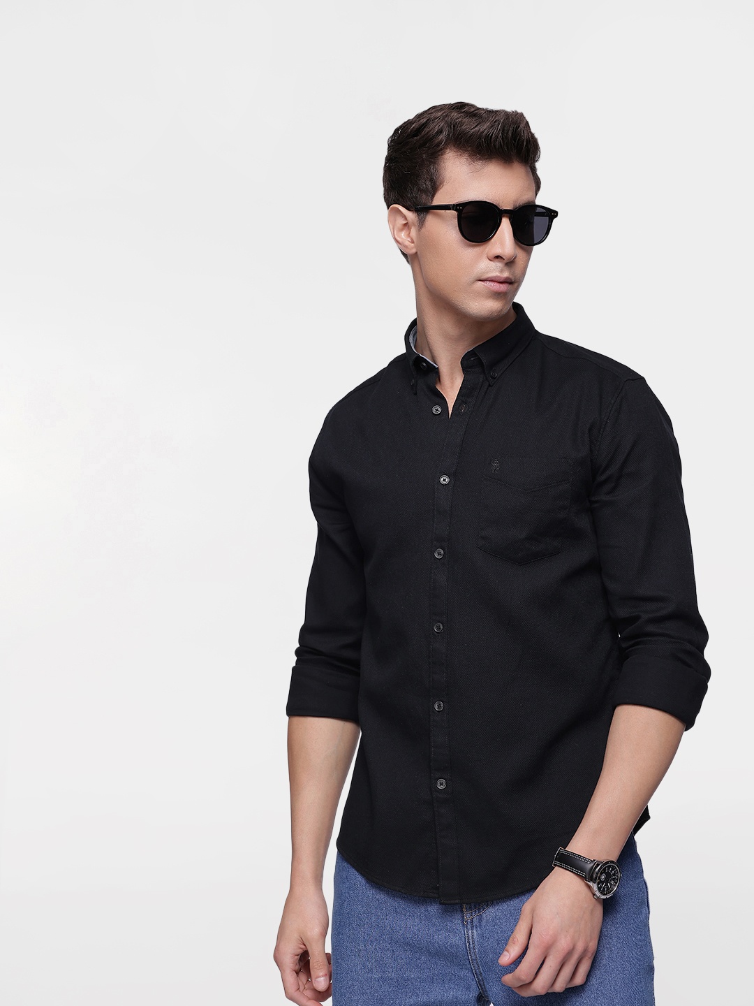 

French Connection Pure Cotton Self Design Slim Fit Opaque Casual Shirt, Black