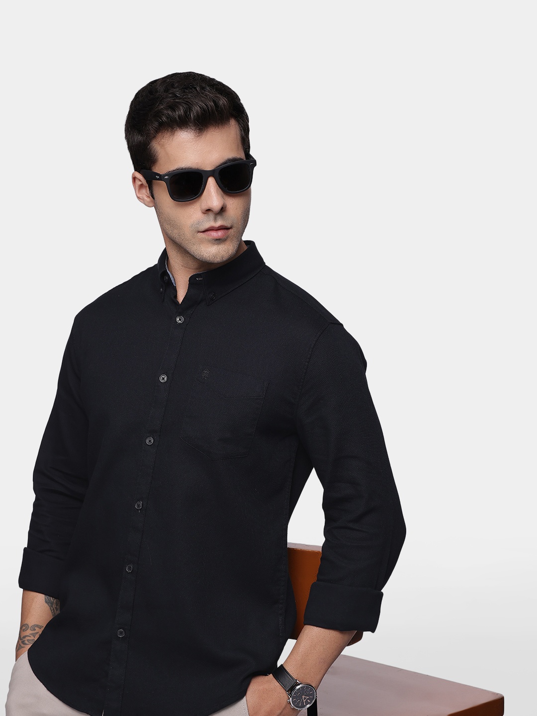 

French Connection Pure Cotton Self Design Slim Fit Opaque Casual Shirt, Black