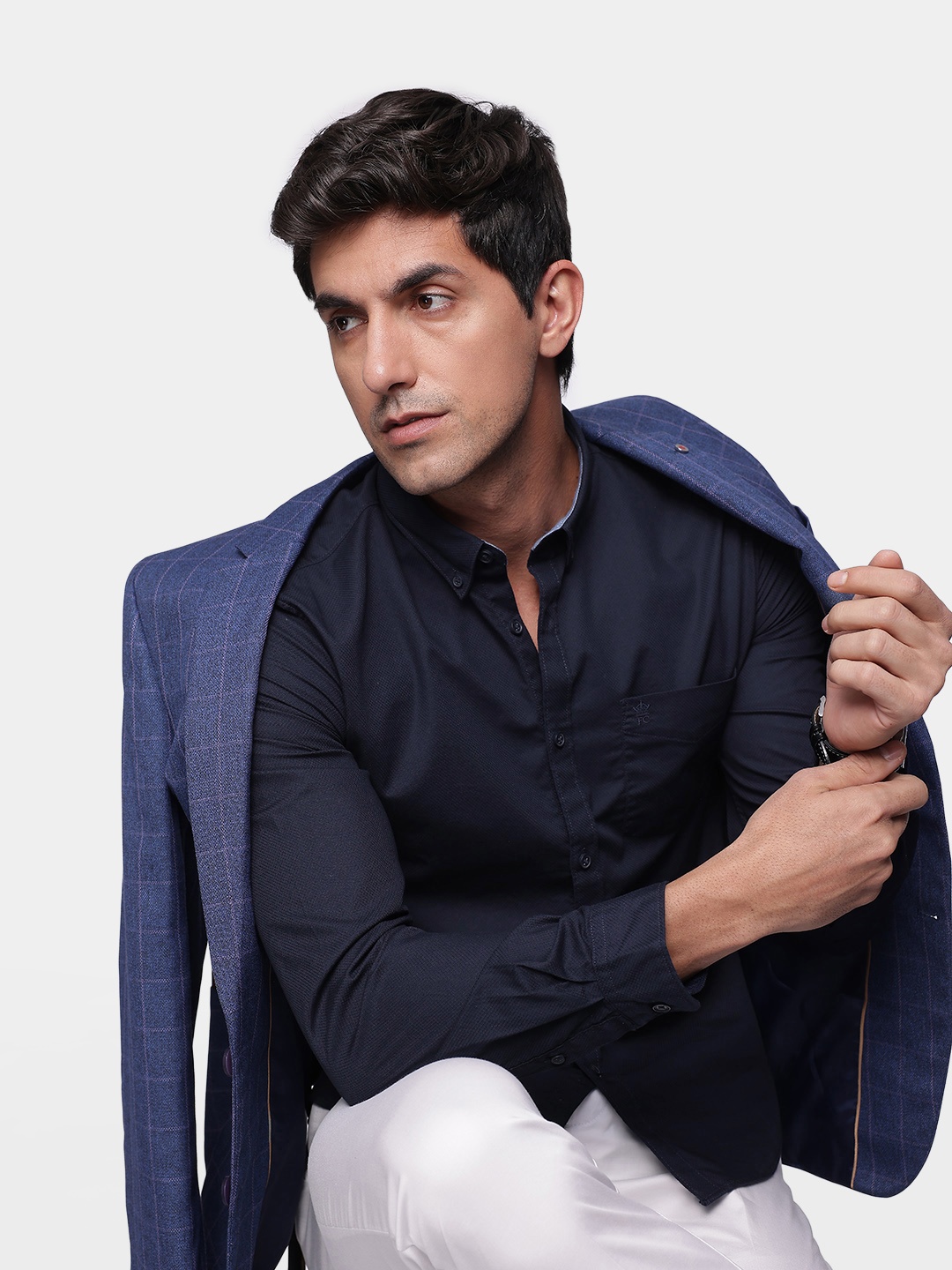 

French Connection Pure Cotton Self Design Slim Fit Textured Casual Shirt, Navy blue