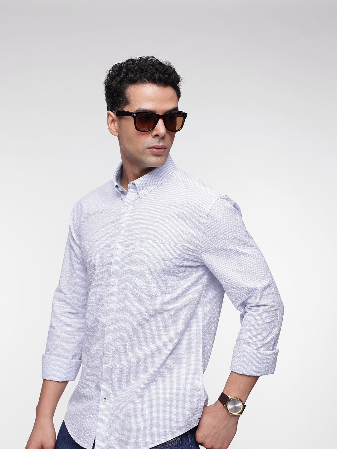 

French Connection Slim Fit Micro Checked Pure Cotton Casual Shirt, Blue