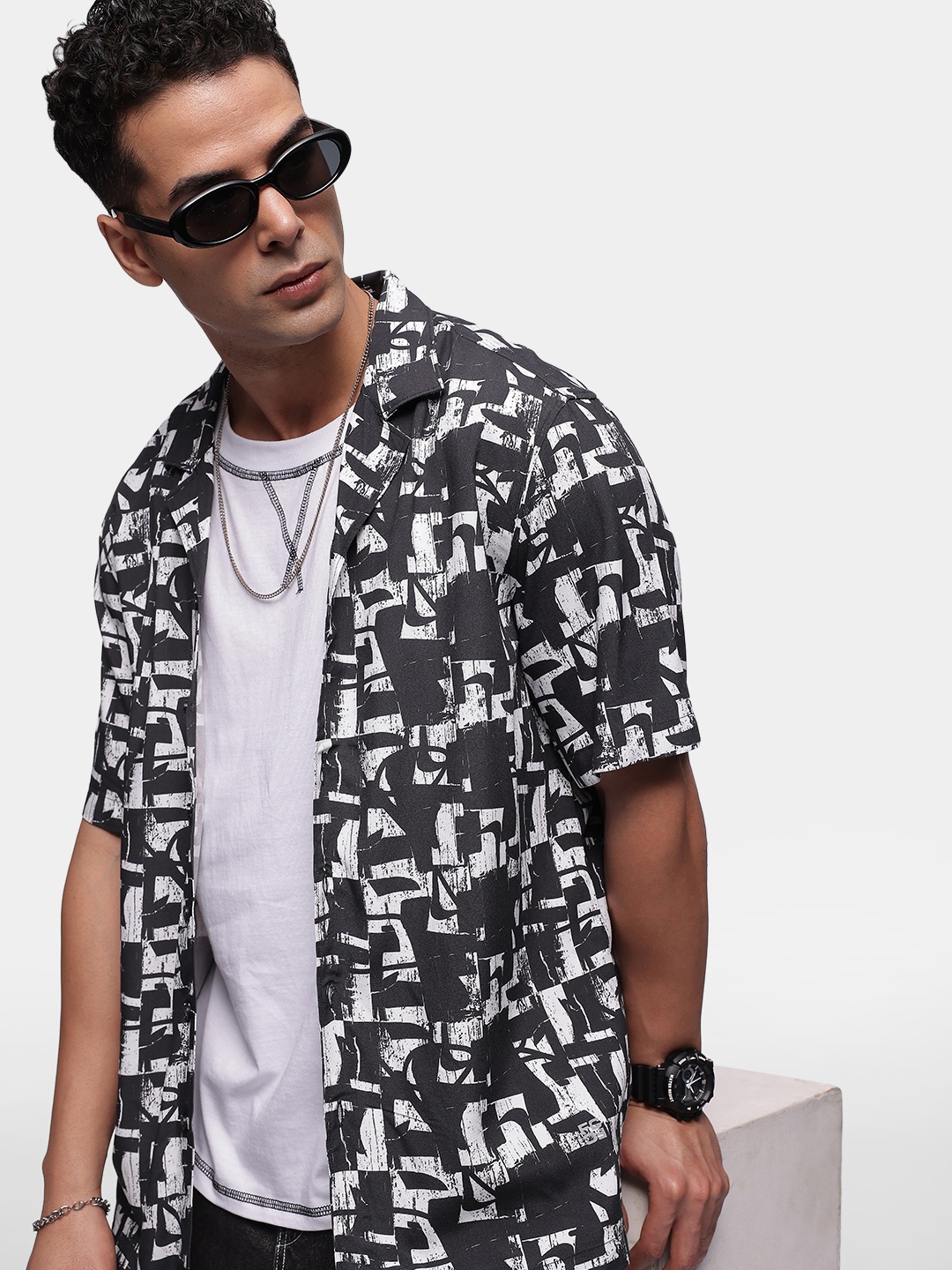 

FCUK Relaxed Fit Opaque Abstract Printed Casual Shirt, Black