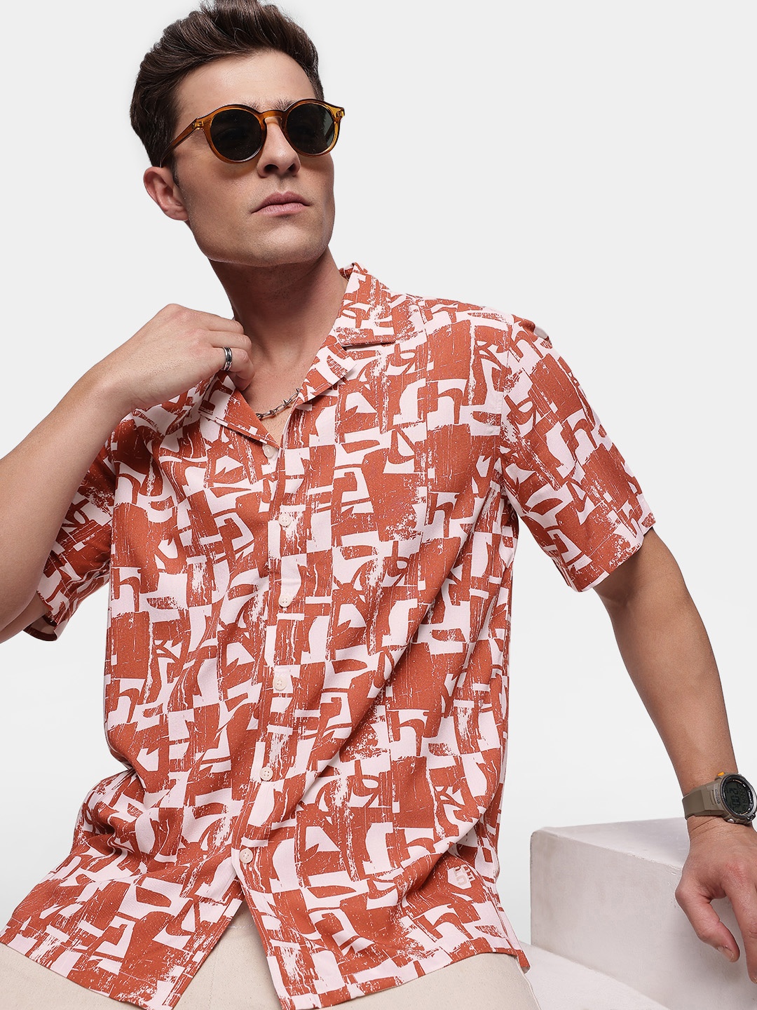 

FCUK Relaxed Fit Opaque Abstract Printed Casual Shirt, Rust