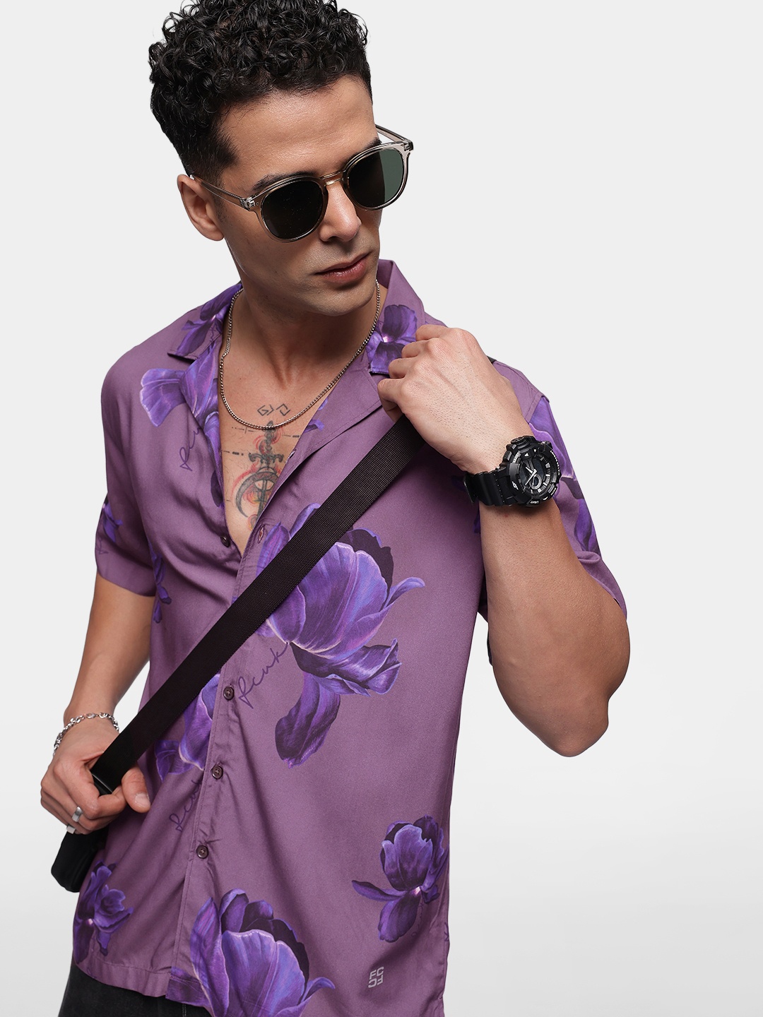 

FCUK Relaxed Fit Opaque Floral Printed Casual Shirt, Purple