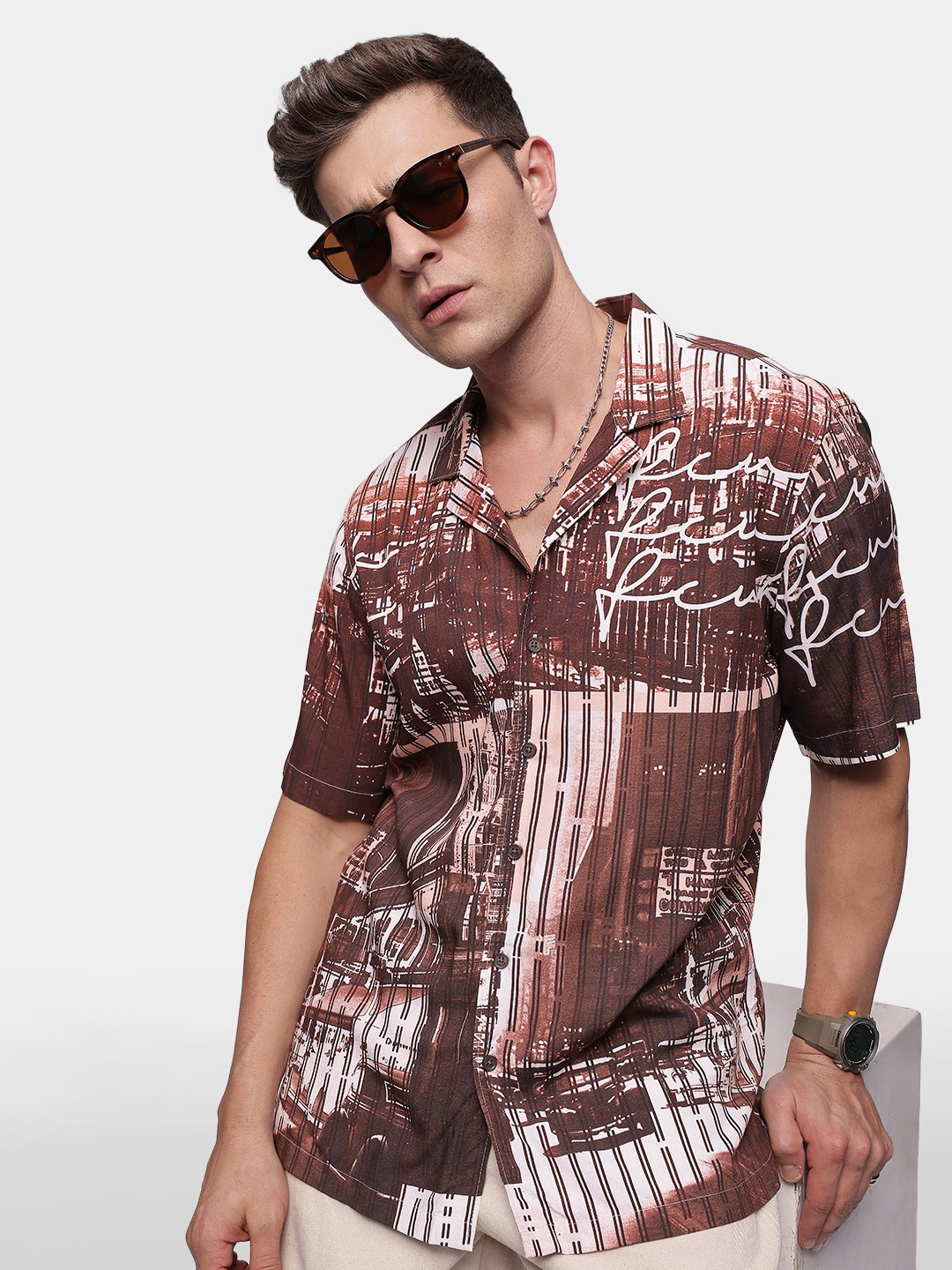 

FCUK Relaxed Fit Opaque Abstract Printed Casual Shirt, Brown