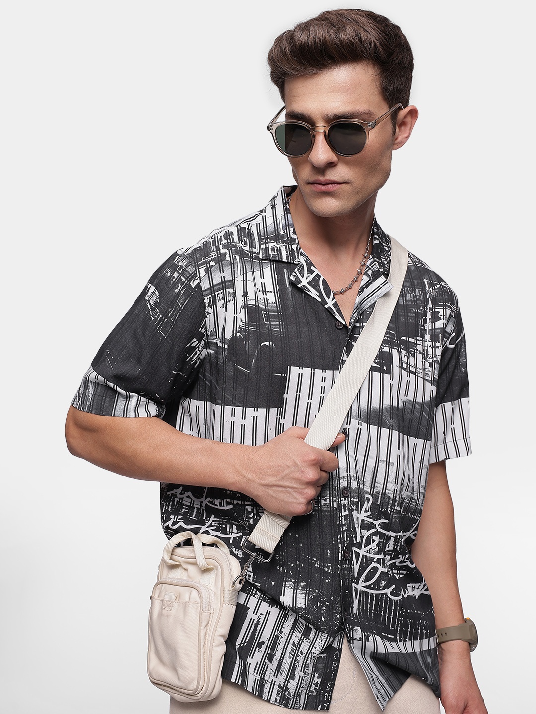 

FCUK Relaxed Fit Opaque Abstract Printed Casual Shirt, Charcoal