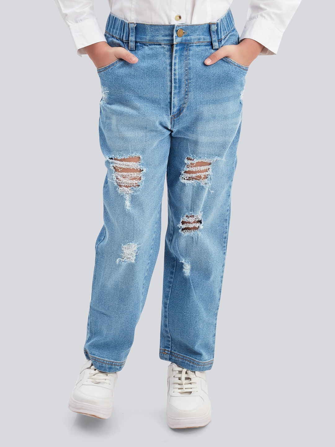 

Olele Girls Stretchable Cotton Denim Distressed Washed Jeans Pant, Blue