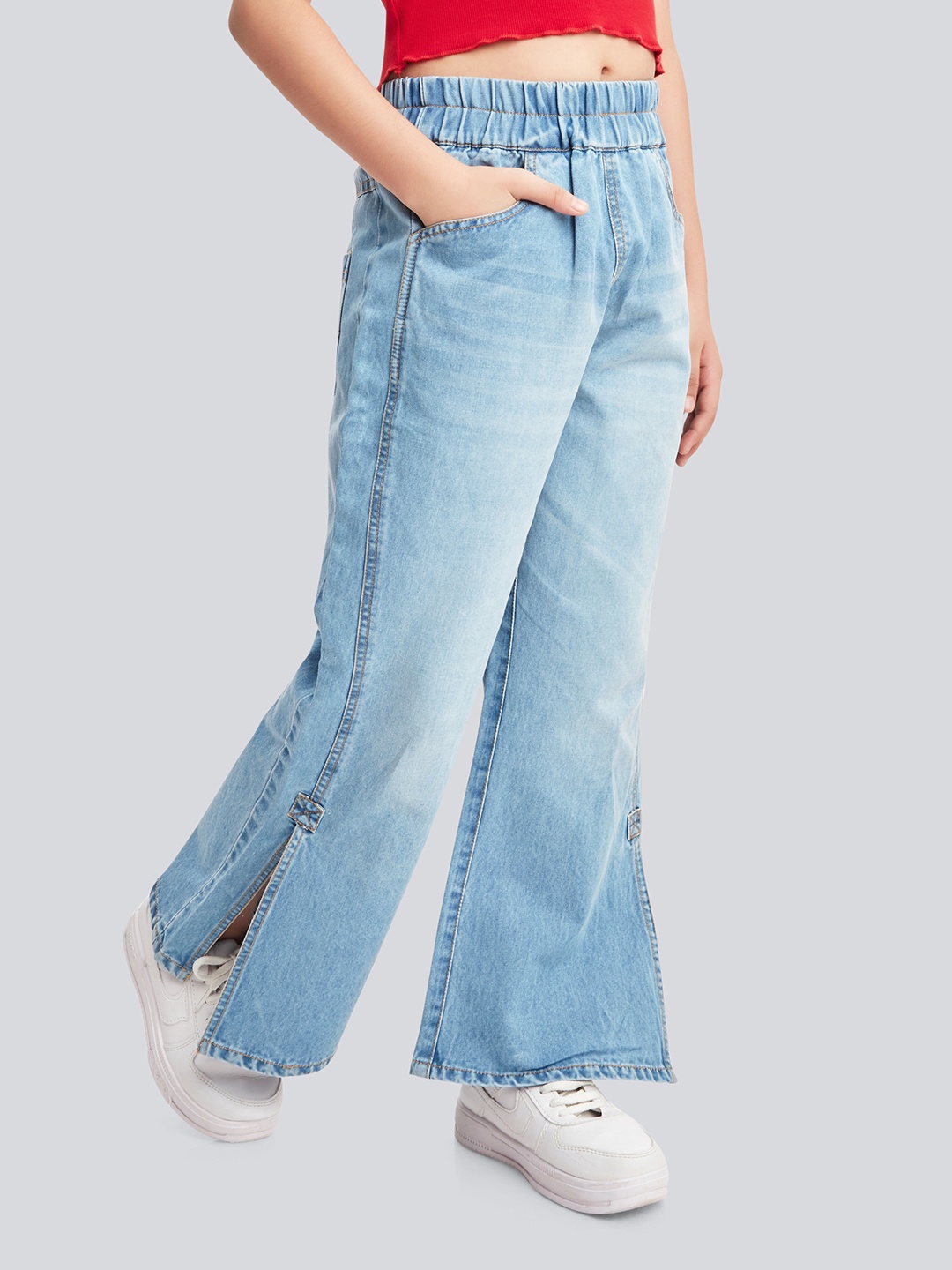

Olele Girls Cotton Denim Bottom Slit Stretchable Jeans Pant, Blue