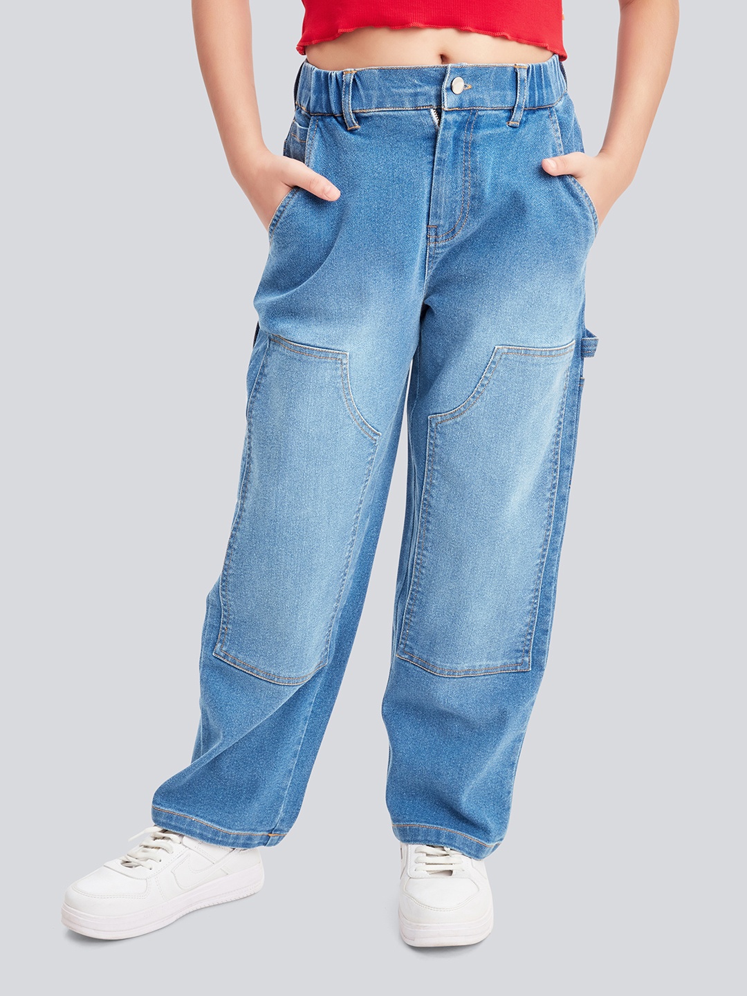 

Olele Girls Cotton Denim Carpenter Stretchable Jeans Pant, Blue