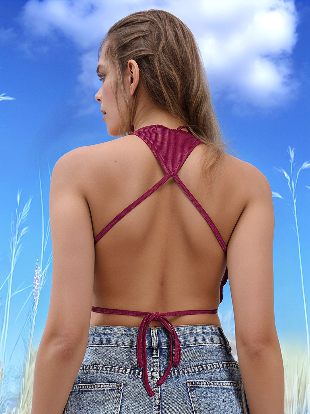 

ZYNG Women Round Neck Corset Crop Top, Maroon