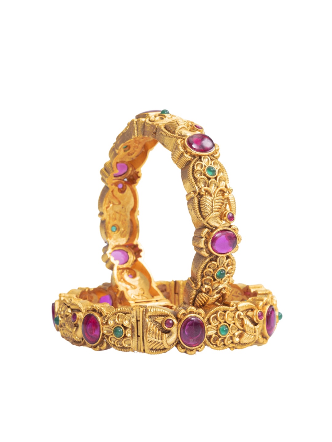

South Temple Jewellery Set Of 2 Gold-Plated Ruby & Emerald Studded Bangles