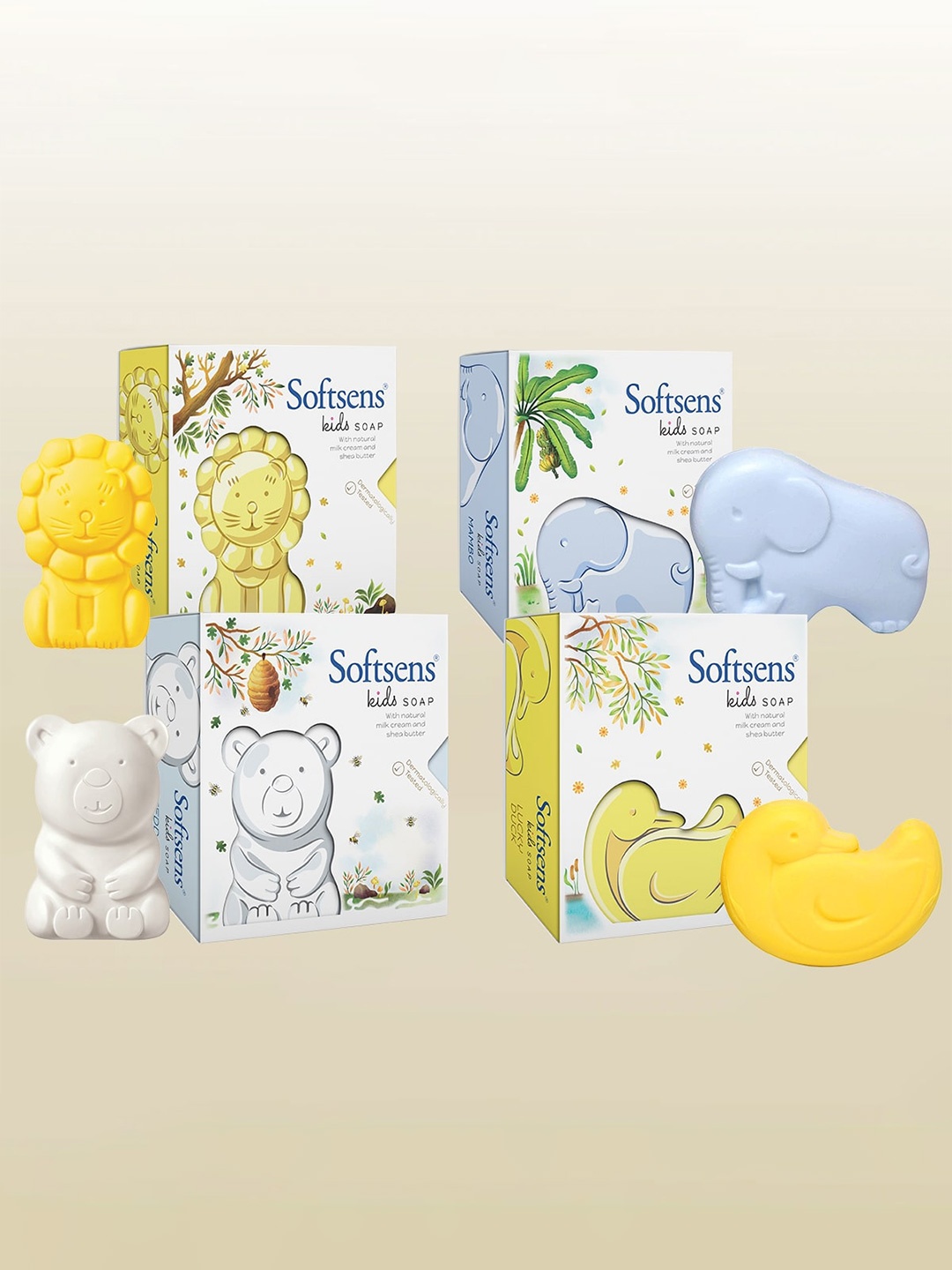 

Softsens Set Of 4 Kids Soap With Natural Milk Cream And Shea Butter- 75 g Each, Yellow