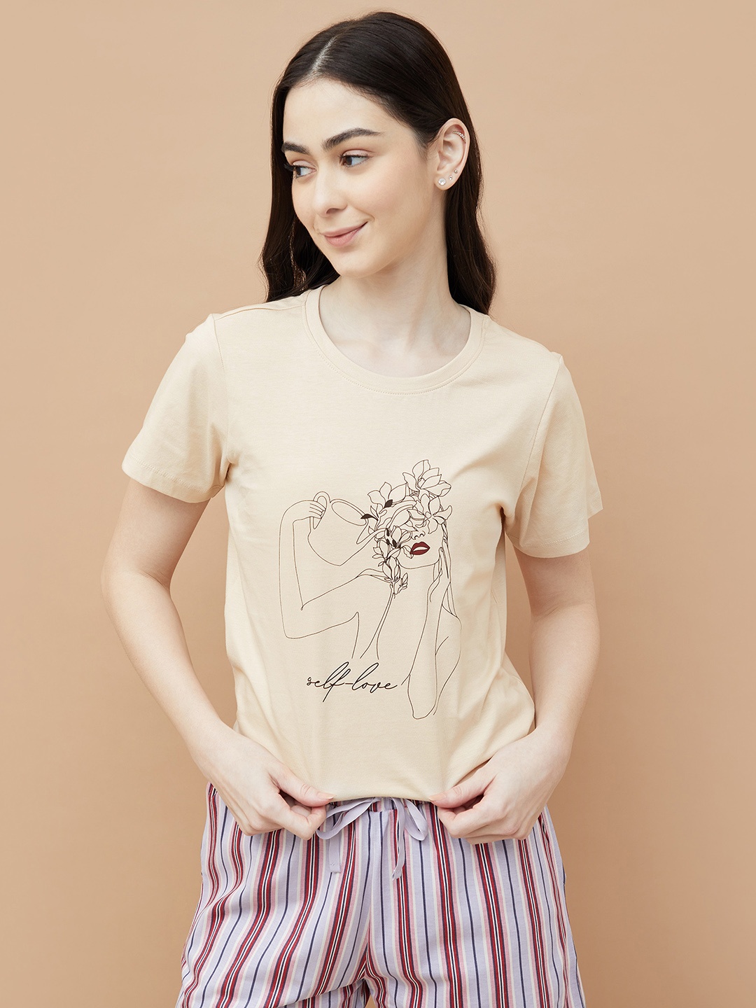 

Ginger by Lifestyle Women Graphic Printed Round Neck Cotton T-shirt, Beige