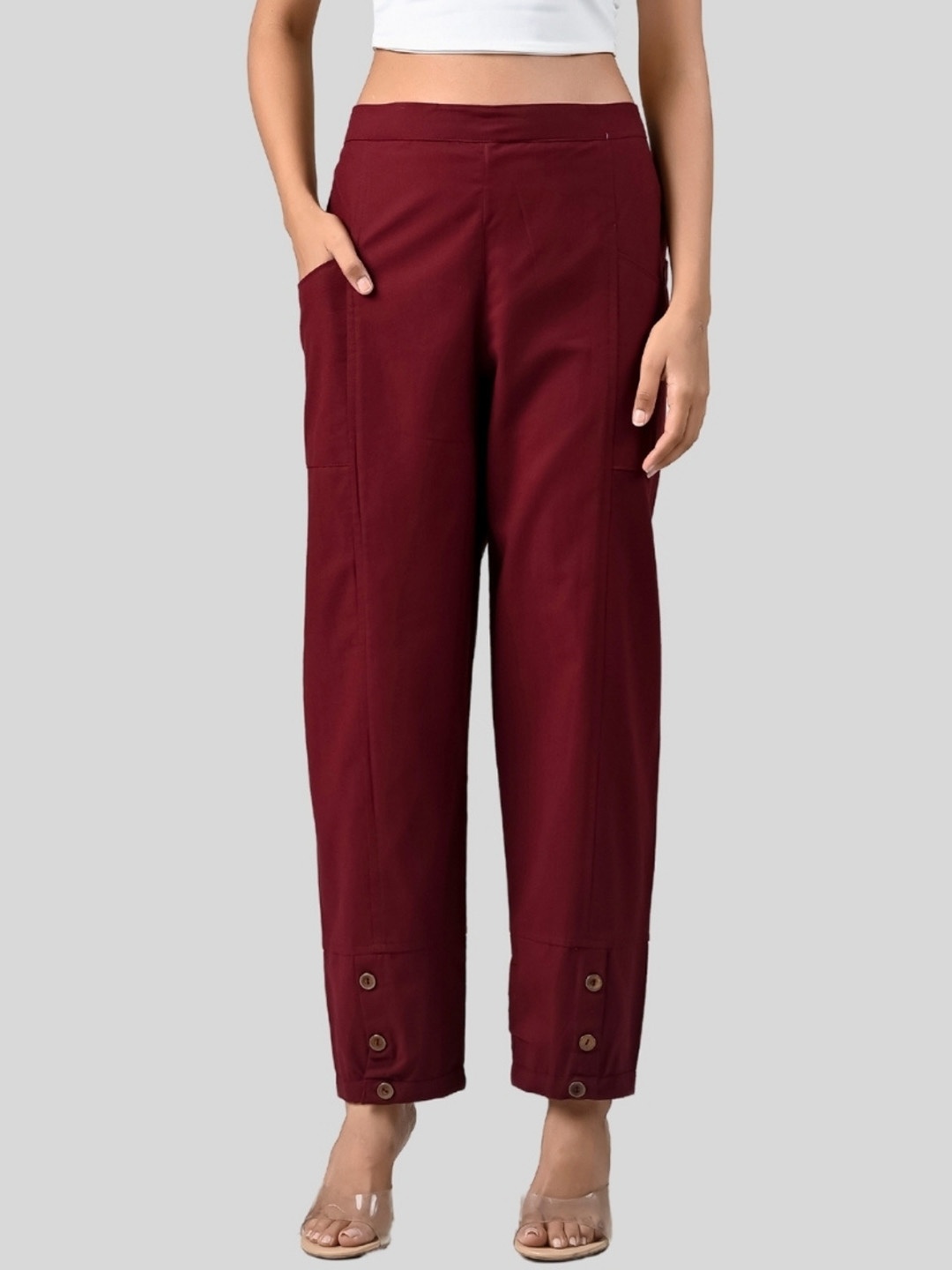 

GiftyBasket Women Relaxed Fit Cotton Cargos Trousers, Rust