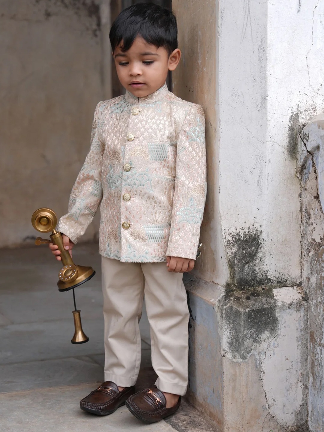 

Funny Bones Clothings Boys Jodhpuri Floral Embroided Velvet Blazer With Trousers, Cream