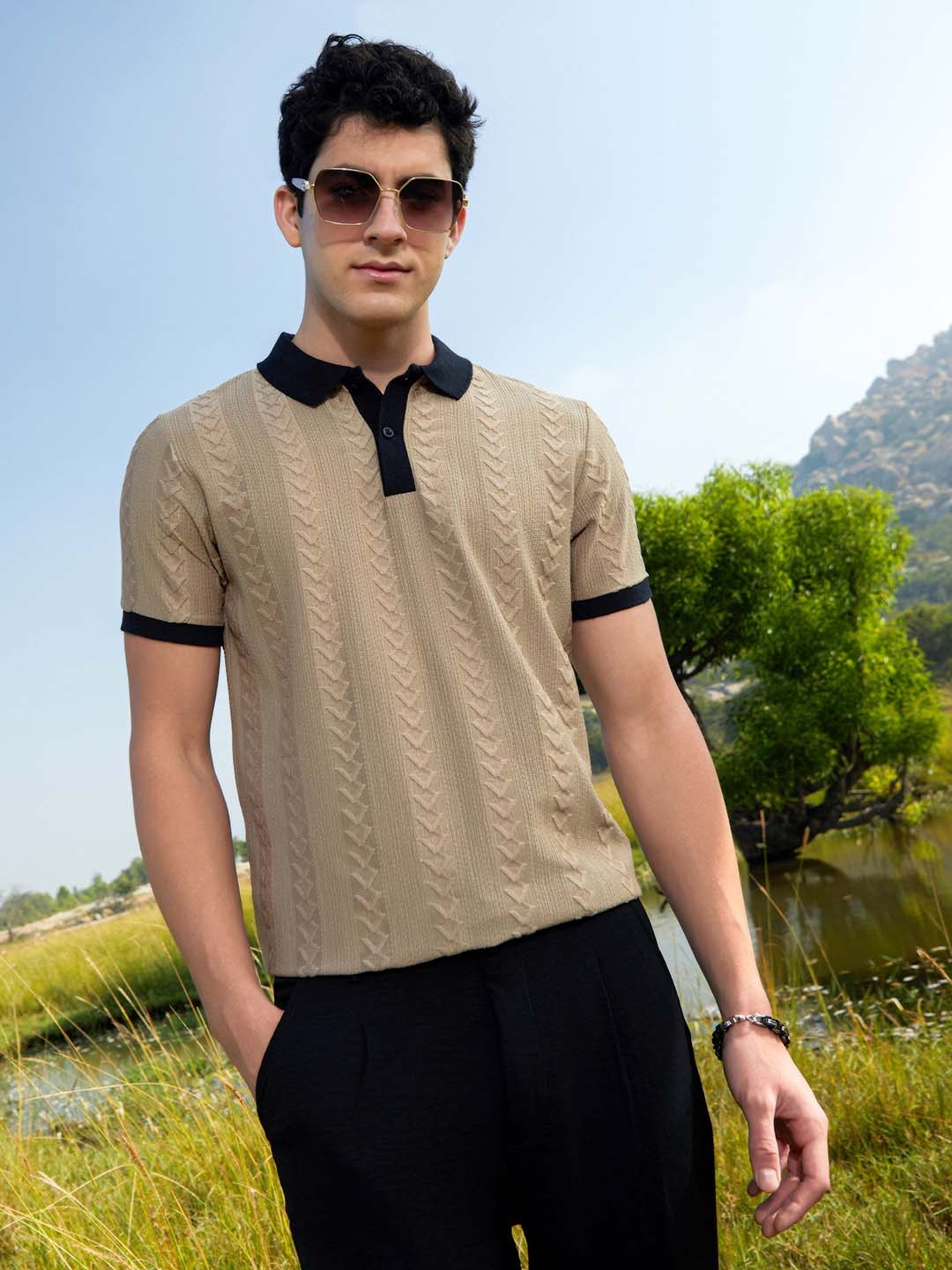 

Campus Sutra Men Self Design Polo Collar Cotton T-shirt, Brown