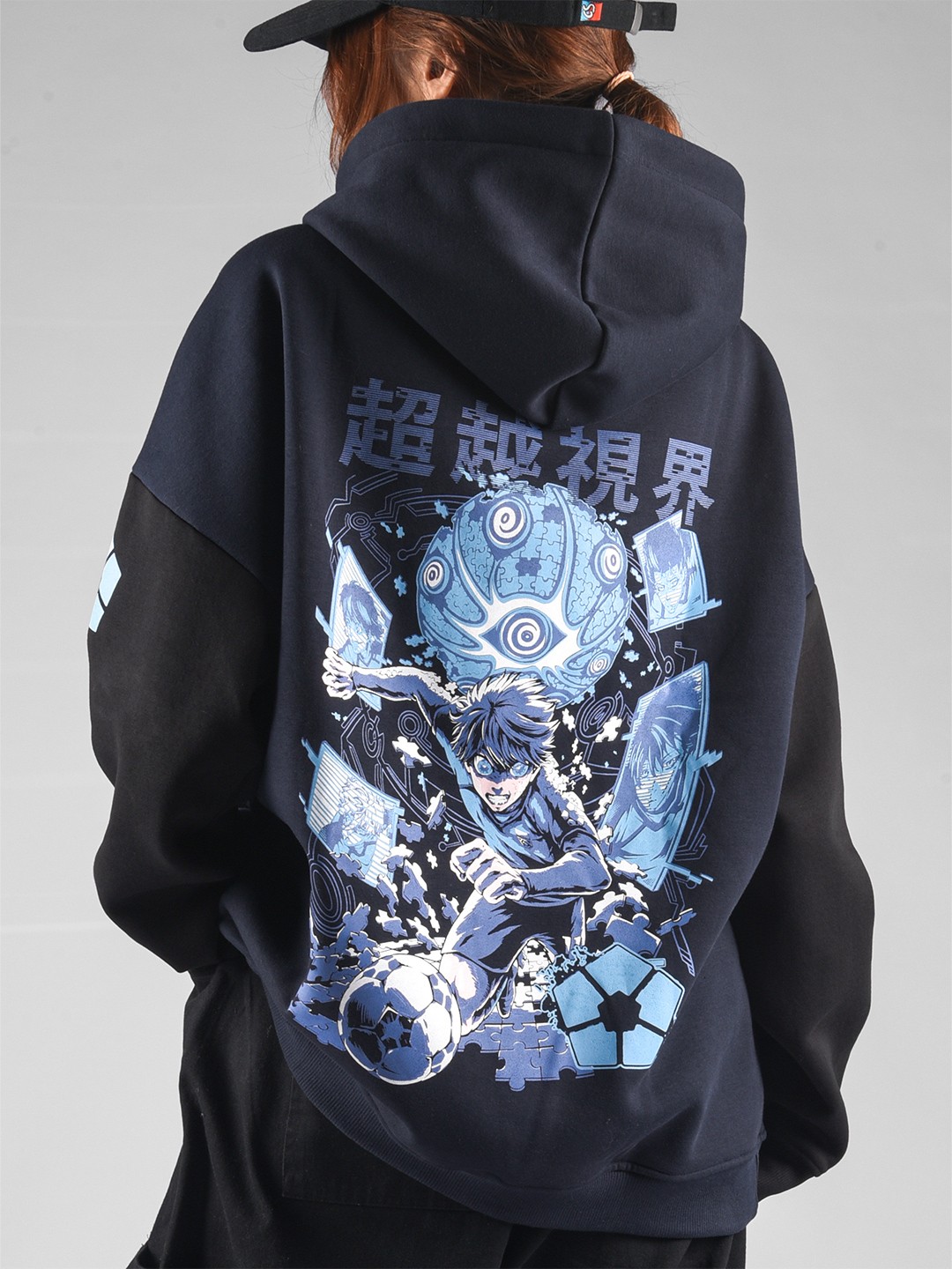 

COMICSENSE Blue Lock Anime Ego Printed Anime Oversize Drop Shoulder Hoodie, Navy blue