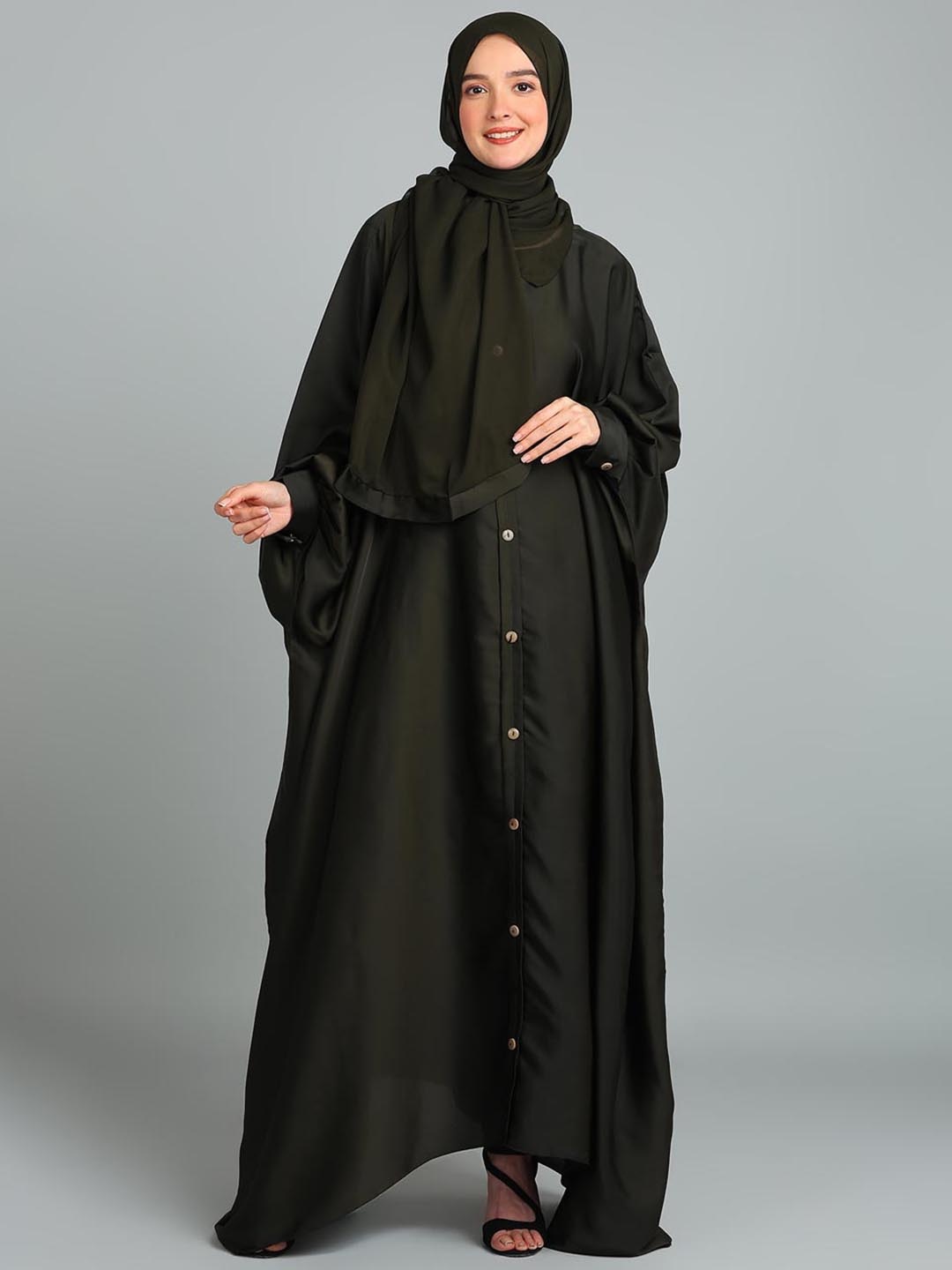 

BROKE BRAND Women Solid Round Neck Button Down Kaftan Abaya Burqa, Olive