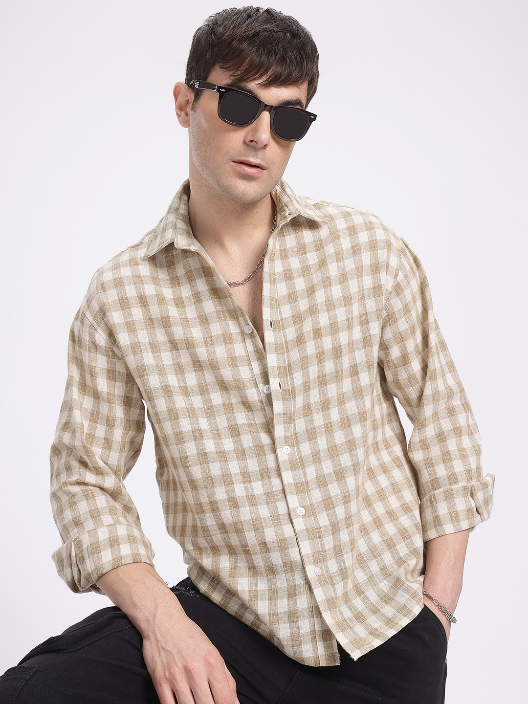 

glitchez Gingham Flex Checked Regular Fit Casual Shirt, White