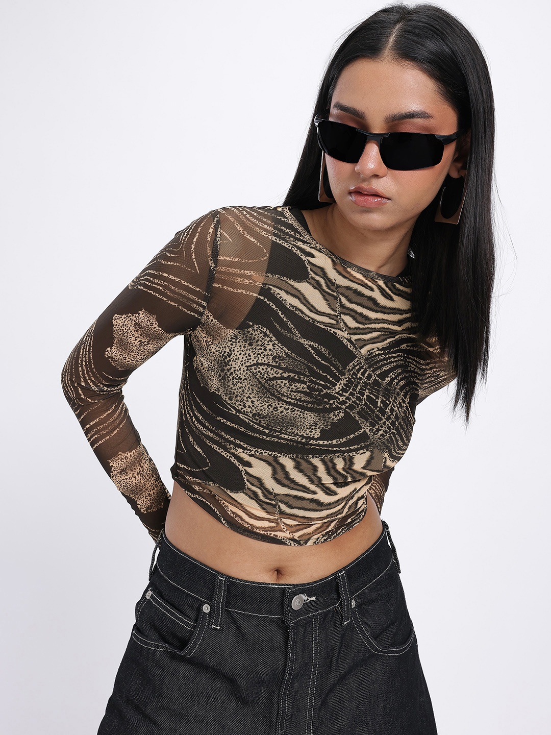 

glitchez Animal Party Printed Sheer Crop Top, Black