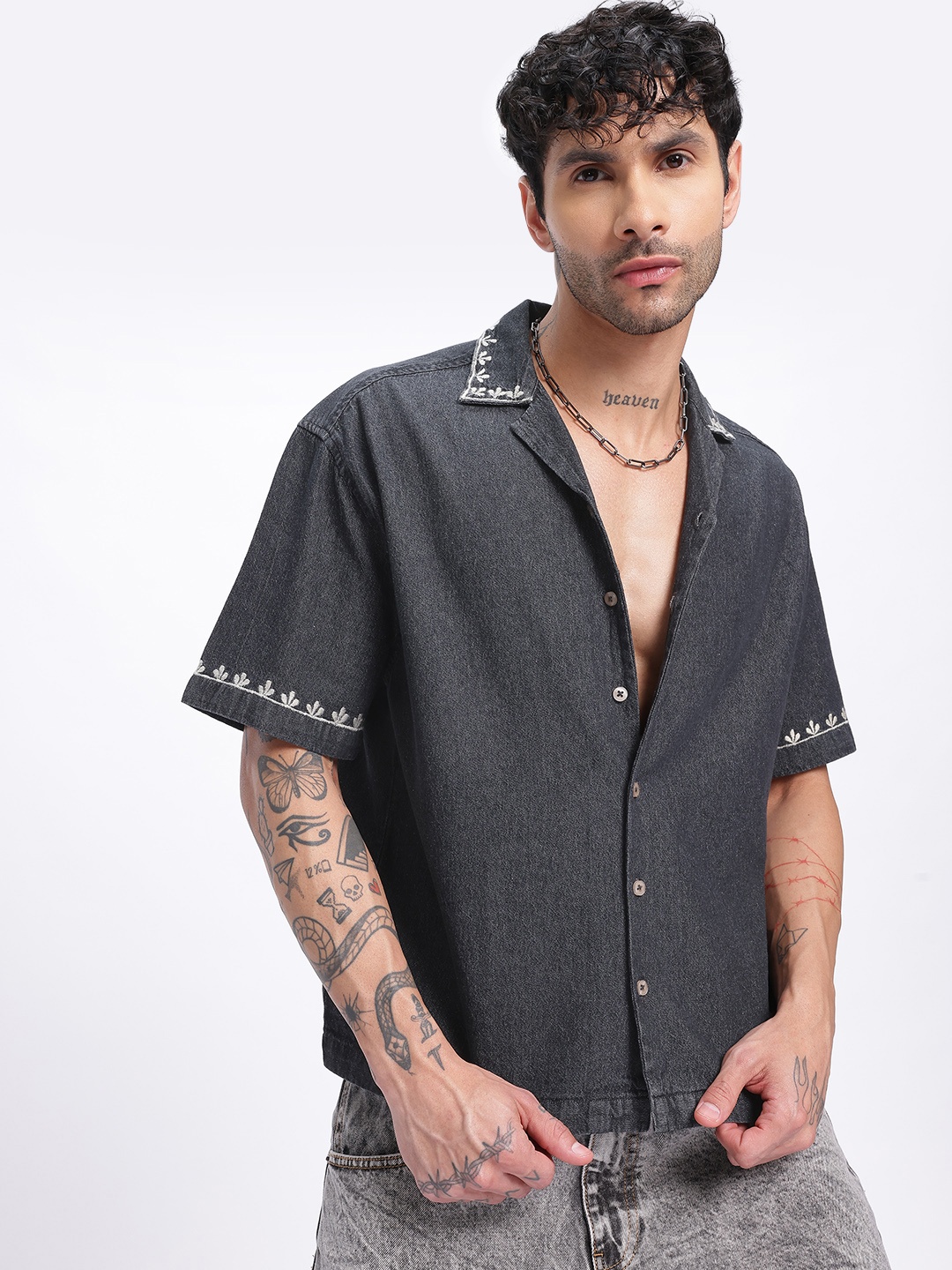 

glitchez Chambray Dreams Embroidered Stitch Shirt, Charcoal