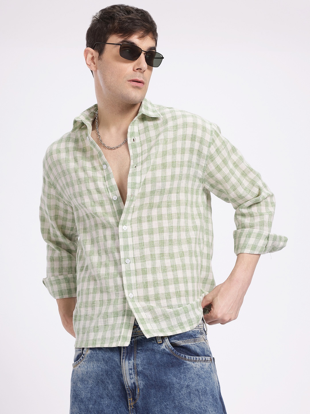 

glitchez All-Over Gingham Checked Regular Fit Casual Shirt, White