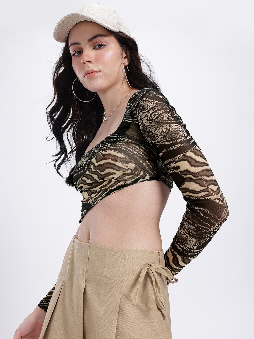 

glitchez Animal Print Sheer Empire Crop Top, Black