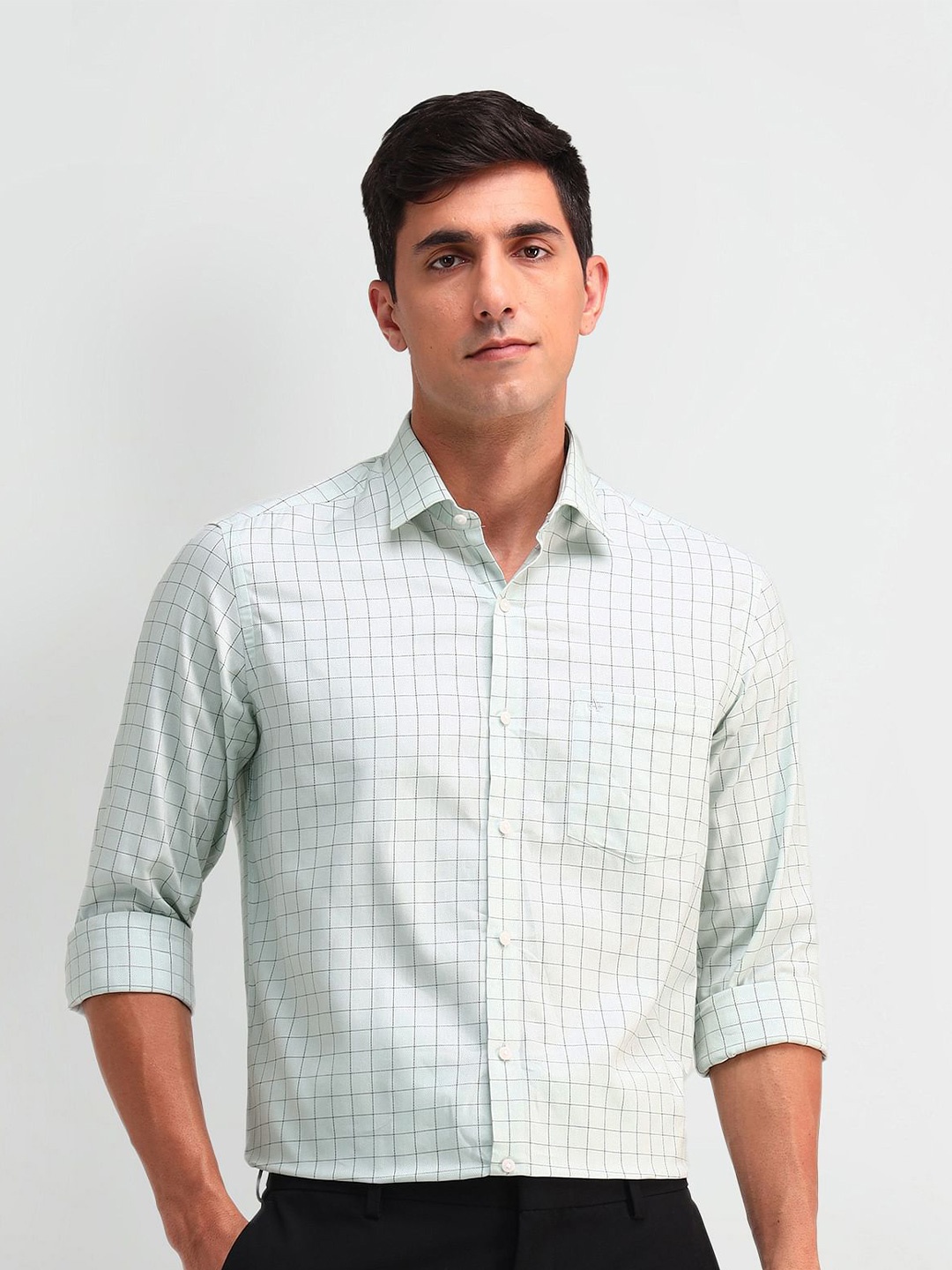 

Arrow Men Slim Fit Spread Collar Grid Tattersall Checked Cotton Formal Shirt, Green