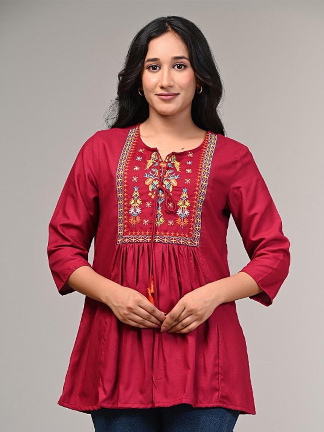 

AVAYAYAT Floral Embroidered Tie-Up Neck Pleated Thread Work A-Line Kurti, Red