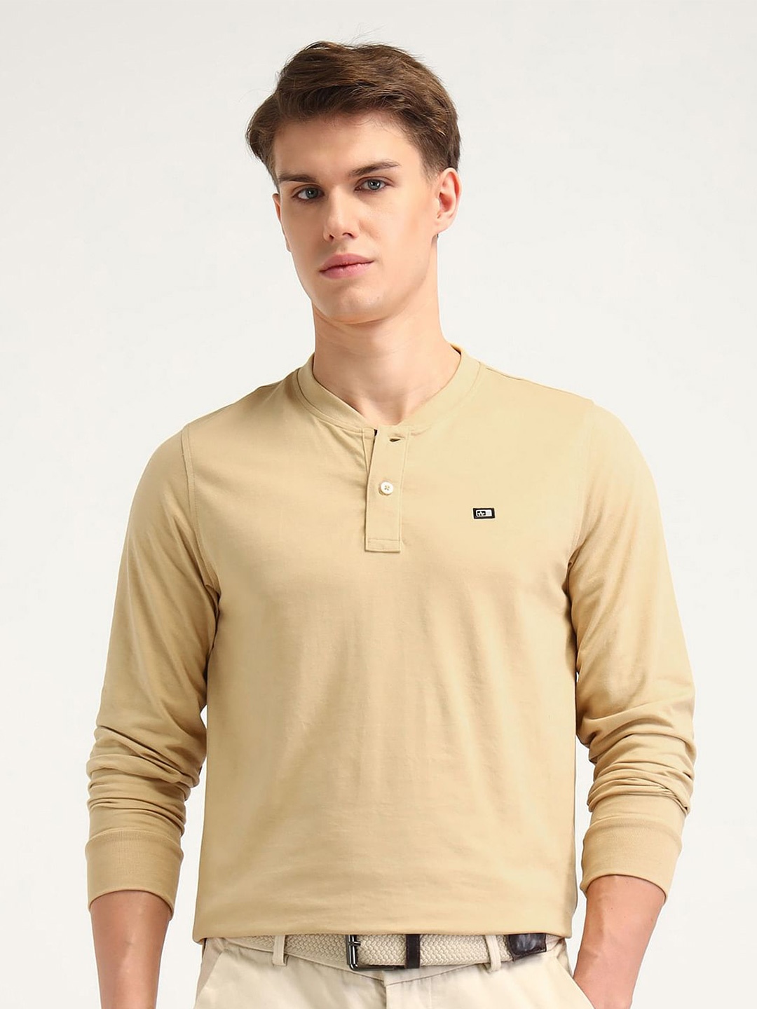 

Arrow Sport Men Solid Henley Neck Cotton T-shirt, Beige