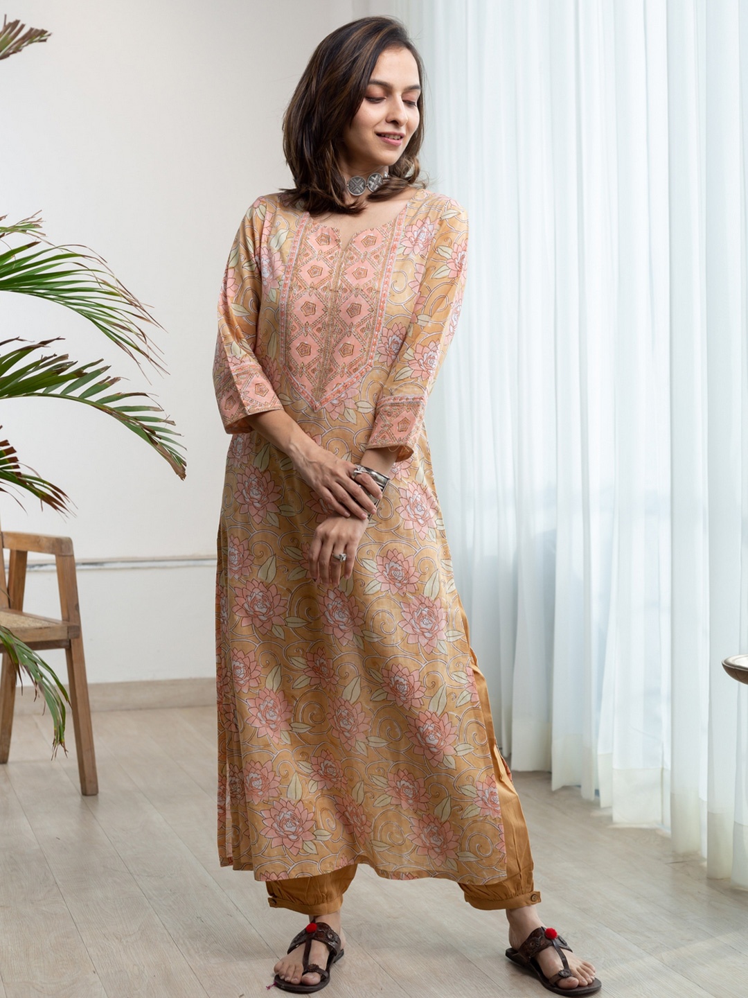 

KUSVAA Floral Printed Notch Neck Block Print Cotton A-Line Kurta, Tan