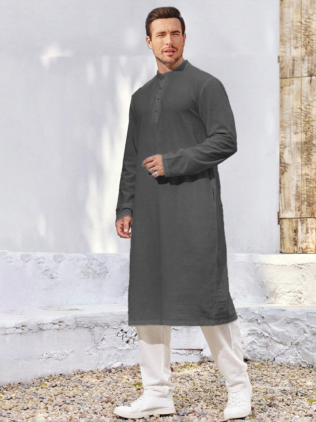 

Anouk Grey & Blue Mandarin Collar Cotton Straight Kurta