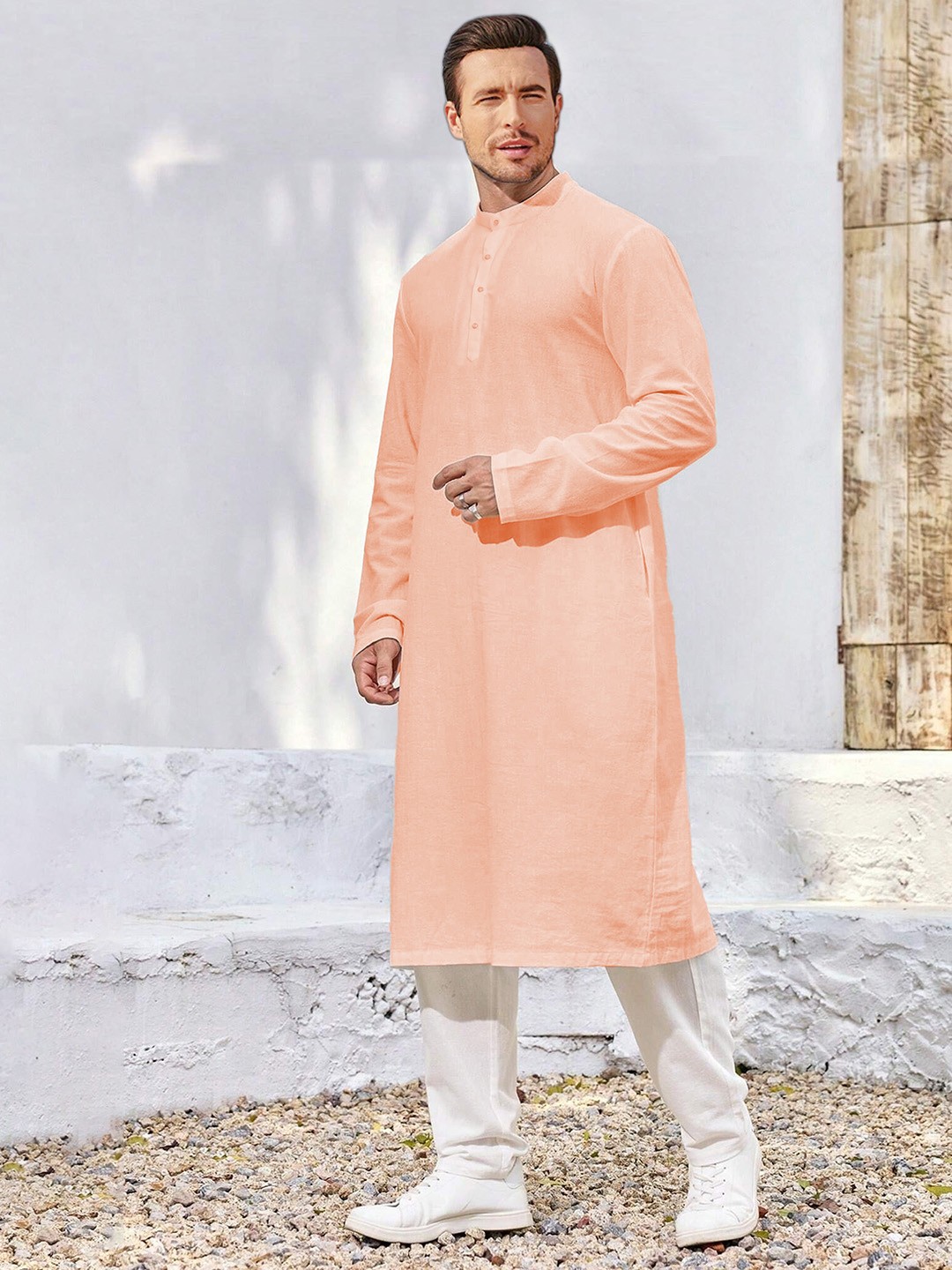 

Anouk Pink Band Collar Pure Cotton Straight Kurta
