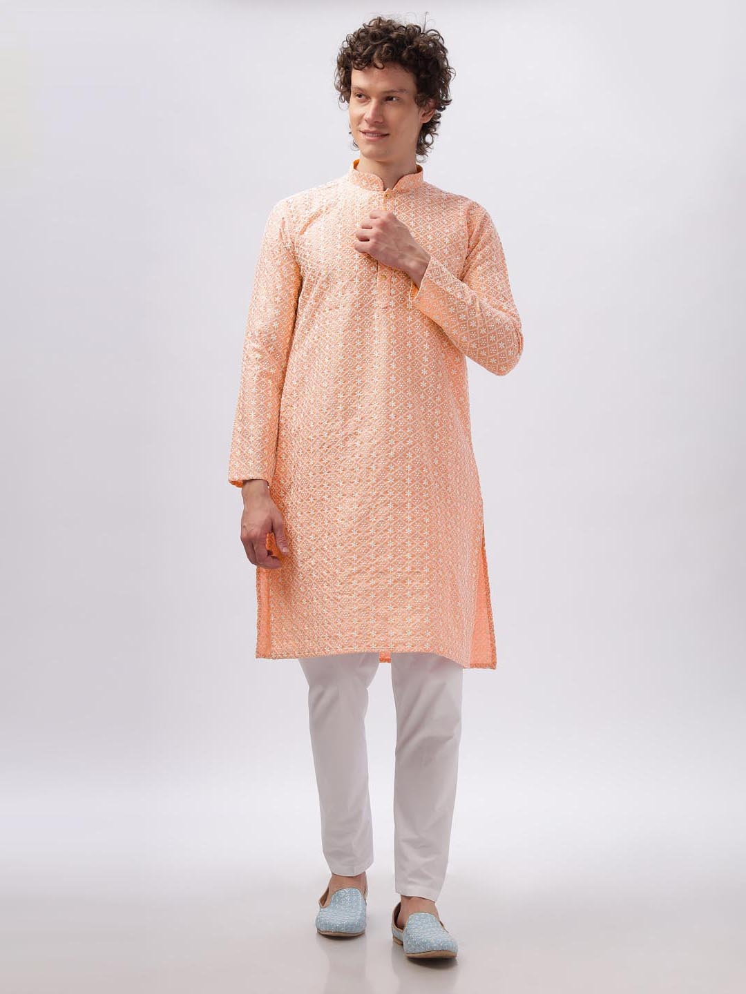 

Anouk Orange Floral Embroidered Mandarin Collar Cotton Straight Kurta