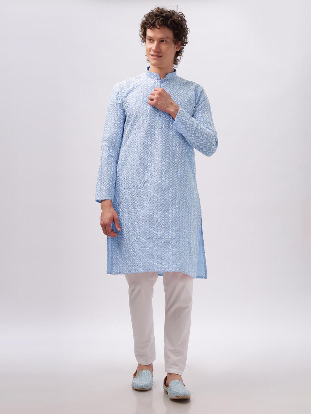 

Anouk Men Blue and White Ethnic Motifs Embroidered Thread Work Straight Kurta